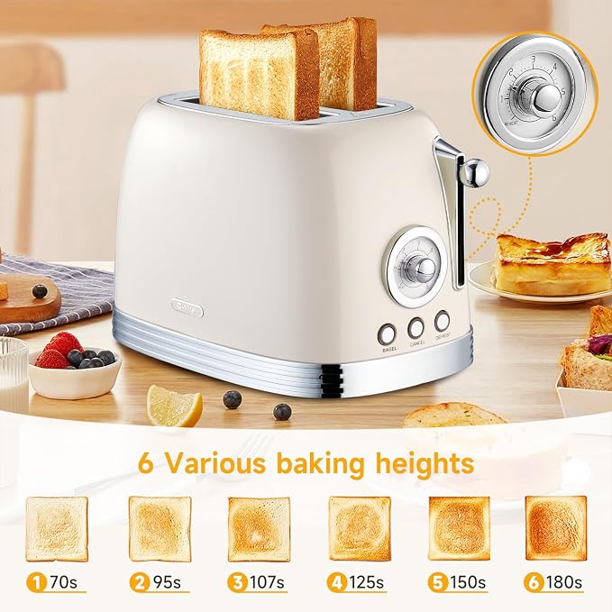 Wiltal Beige Cute Retro Toaster 2 Slice with 1.58" Wide Slots, Bread toaster with Cover and Warm Rack, Stainless Steel Toasters with Removable Crumb Tray, Preheat, Defrost, Cancel Function (Cream)