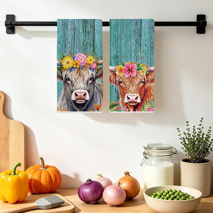 Jztco 2 Pcs Cow Kitchen Towels, Rustic Flower Soft Absorbent Hand Towels | Microfiber Dish Cloths for Drying Dishes, Waffle Dish Towels for Kitchen Bathroom Decor, Cow Gifts for Women
