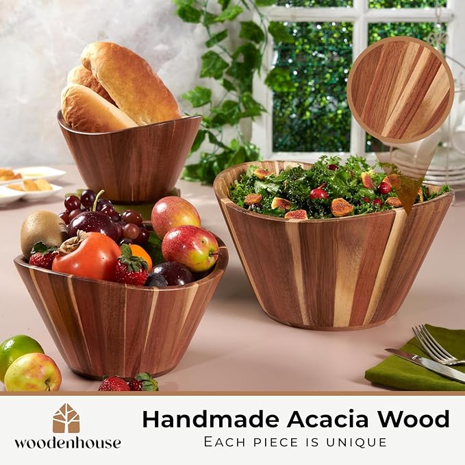 Wooden Salad Bowl Set of 3, Wavy 12" 10" 8" Wood Serving & Mixing Bowls | Handmade and durable with a stylish natural grain; nesting large, medium and small sizes; great for food, fruit and gifts