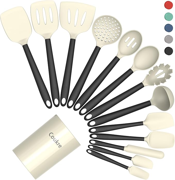 Coukre Silicone Kitchen Cooking Utensils Set, Heat Resistant, 14-Piece | Dishwasher-Safe, Food-Grade Silicone, BPA-Free, Spatulas, Spoons & Turner, Safe for Nonstick Cookware, Beige
