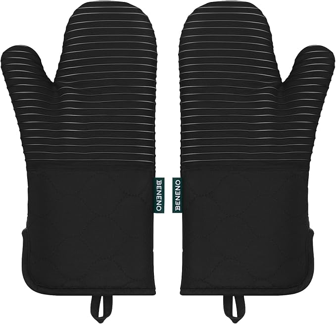 Beneno Heat Resistant 500°F Kitchen Oven Mitts 2-Pack, 7.5"x14.3", Black | Textured Non-Slip Silicone Grip, Extra Long Forearm Protection, Soft Quilted Cotton Terry Lining, Ideal for Baking & Grilling