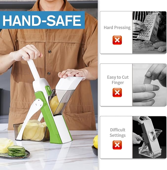 Safe Mandoline Slicer for Kitchen, Vegetable & Food Cutter (Only Slice) | Thickness Adjustable 0.1-8 mm, Potato Slicer for Chips, Easy to Clean, Storage, Kitchen Faster Slice, Dishwasher-safe (Green)