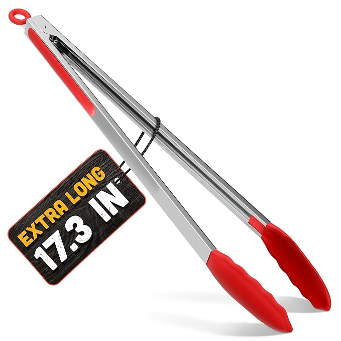 17.3" Extra Long Tongs with Silicone Tip & Stainless Steel Frame | Long Kitchen Tongs with Extended Reach, 3.3 Lb Hold and Storage Lock; for BBQ Grilling, Cooking, Grabbing, Serving and Salad