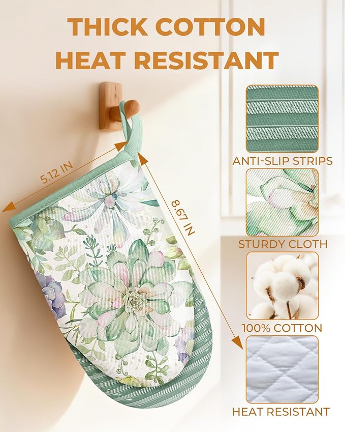 100% Thick Cotton Mini Oven Mitts Silicone Grip Bright Succulents | Elegant Classic Oven Mitts for Women, Machine Washable, Non-Slip, Reversible Design Fits Both Hands, Stylish Kitchen Decor