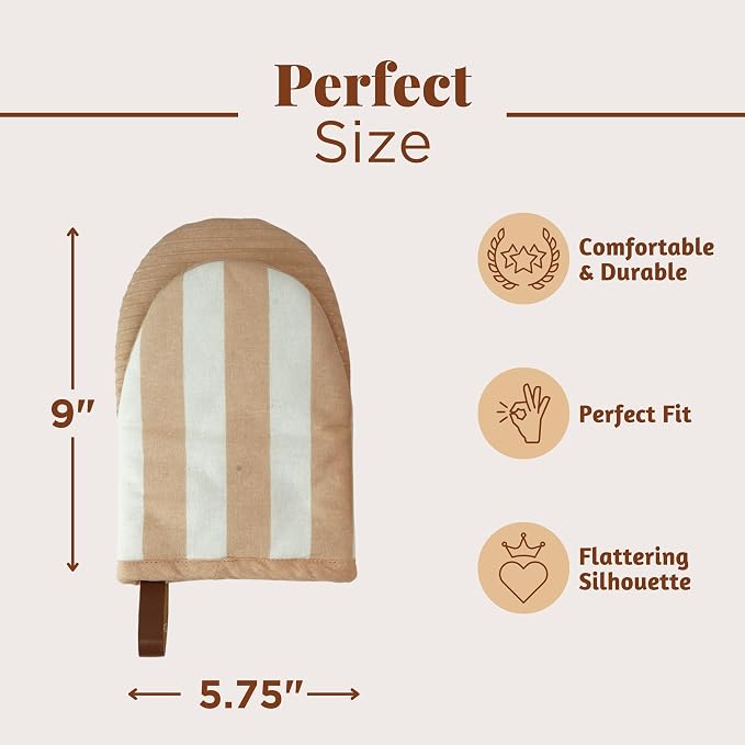 Folkulture Oven Mitts, Striped Cream, Set of 2, Heat Resistant - (5.75"x9") | 100% Cotton, Non Slip, Silicone, Cute Striped Mini Mits with Hanging Loop, Kitchen Décor, Cooking Gifts, New Home Essentials
