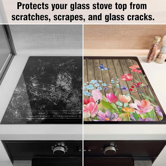 Spring Summer Glass Stove Top Covers for Electric Stove,Colorful Flower Watercolor Floral Farmhouse Heat Resistant Cooktop Protector Non-Slip Washable Dish Drying Mat Rug Pad for Kitchen Decor 28"x20"