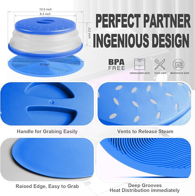 2 in 1, Aidacom Microwave Splatter Cover for Food & Silicone Microwave Mat, Mat as Bowl Holder, Trivet, Pot Holders, Drying, Baking, Utensils Rest for Kitchen Counter, Dishwasher Safe, Blue