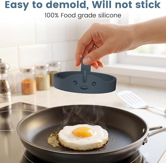 Egg Ring 4 Pack Silicone Rings for Frying Eggs, Non Stick Fried Egg Cooker Ring, Cute Animal Designs Gifts for Family Friends, 4-inch Round Egg Separators Mold for Pancakes Breakfast Sandwich