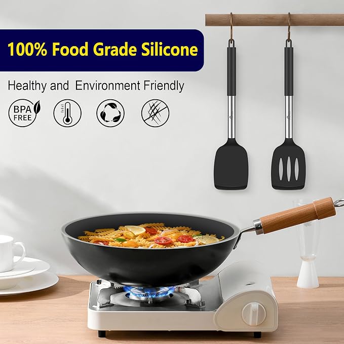 HOTEC Silicone Spatula Set of 2, High Heat-Resistant & BPA-Free Kitchen SaptulaTurner with Stainless Steel Handles, Slotted & Solid Spatulas for Nonstick Cookware, 13.7 Inch, Black