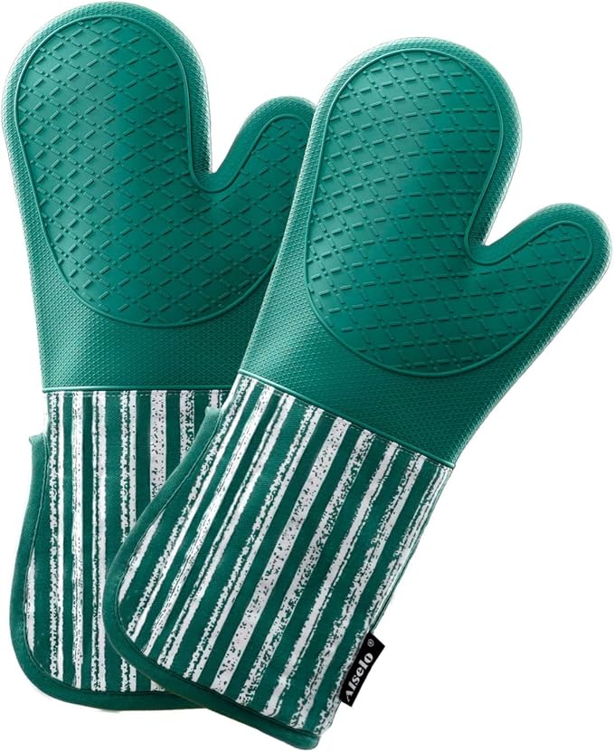 Alselo Silicone Oven Mitts Heat Resistant 932℉ with Waterproof & Non-Slip | Kitchen Mittens Set of 2,Extra Long 7.5"x15" Gloves with Soft Cotton Terry Lining for Baking Cooking BBQ (Emerald Green,2)