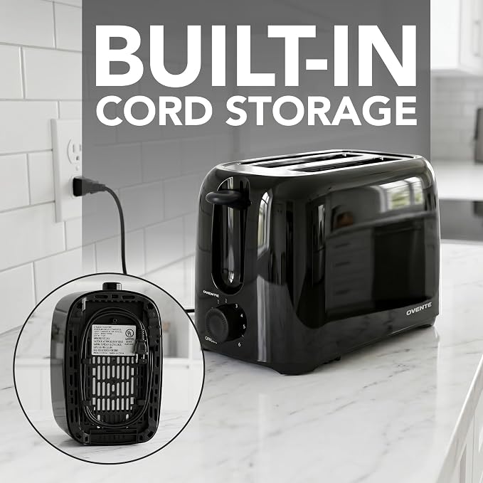 OVENTE Electric 2 Slice Toaster Machine 6-Shade Setting, Black TP2210B | Compact Design and Removable Crumb Tray, 700W Power Perfect for Toasting Bread, Thin Bagels and Waffles