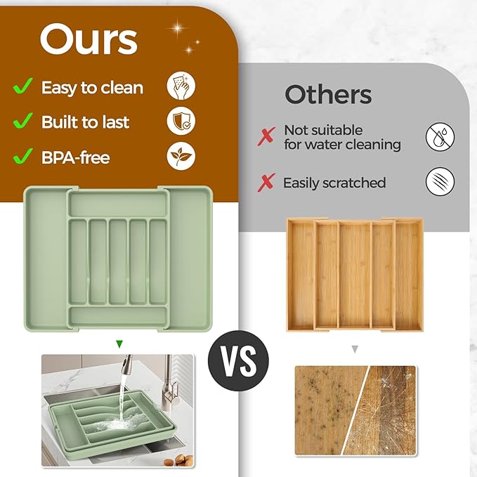 ukeetap Extra Large Expandable Silverware Organizer, Flatware Tray, Green | BPA-Free Food-Safe Kitchen Utensil Cutlery Drawer Organizer, Adjustable Silverware Holder for Spoons Forks Knives