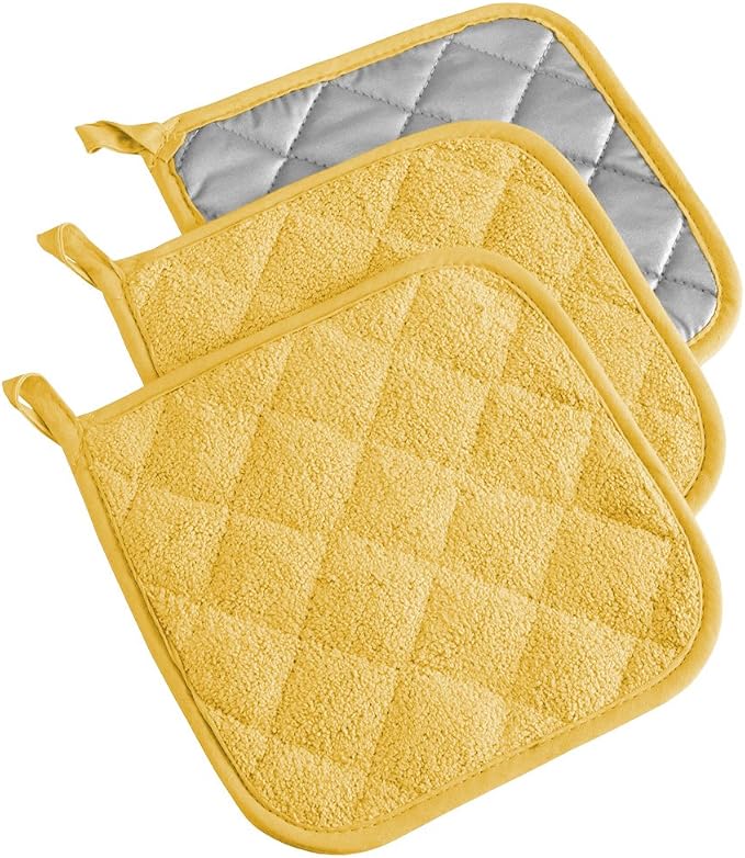 DII Basic Terry Collection Quilted 100% Cotton, Potholder, Yellow, 3 Piece