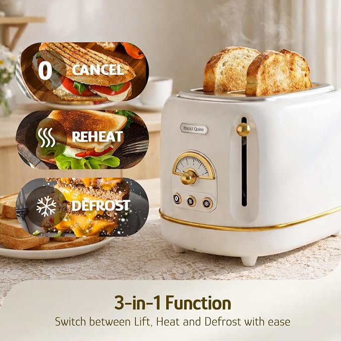 Hazel Quinn 2-Slice Retro Toaster 6 Browning Levels 3 Functions Pearl White | Defrost/Reheat/Cancel, Removable Crumb Tray for Easy to Clean, 1.5 Inches Extra Wide Slots, for Toast, Bagels Daily Breakfast
