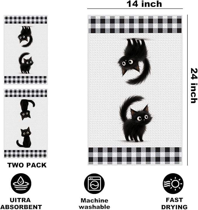Jztco 2 Pcs Cute Cat Kitchen Towels, Cat Gifts Reusable Hand Towels-2 | Cat Dish Cloths for Drying Dishes, Cats Waffle Dish Towels for Kitchen Bathroom Decor, Cat Lover Gifts for Women Grandma Mom
