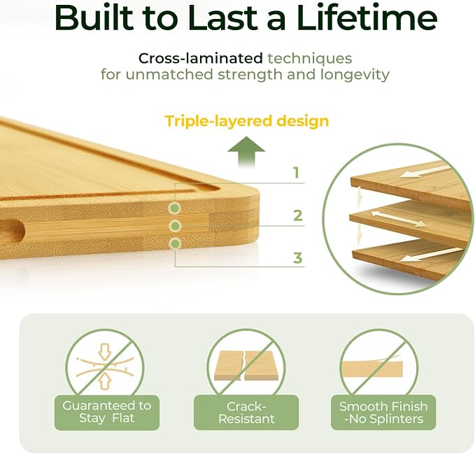 Keechee Bamboo Cutting Board, Cutting Board for Kitchen with Handles | Non Toxic, Resisted-Cracking&Curling, Deep Juice Groove, Side Handles,Cross-Laminated Structure, Knife-Friendly, Gifts Ready