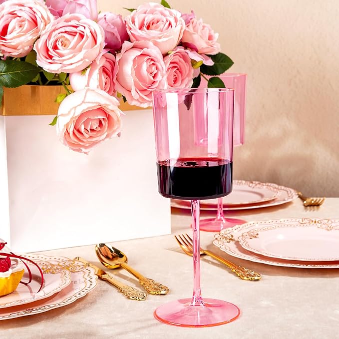 Ciaell 12 Pack Pink Plastic Wine Glasses for Weddings Outdoor Gatherings | 14 oz Pink Stemmed Cups, Heavy Duty Plastic, Wine Champagne Cocktails Beverages for Parties Birthdays Anniversaries