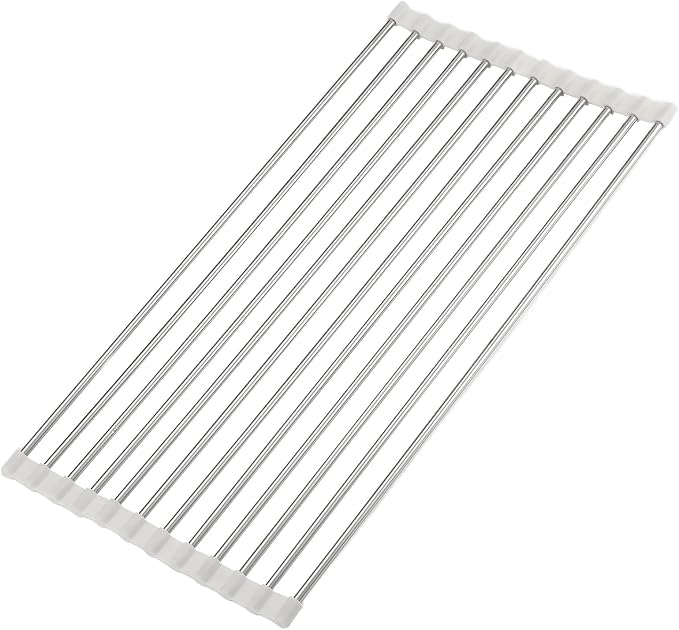 Roll Up Dish Drying Rack, Over Sink Multipurpose Rack, 17.6" x 9.3" Stainless Steel Foldable Dish Drainer, White
