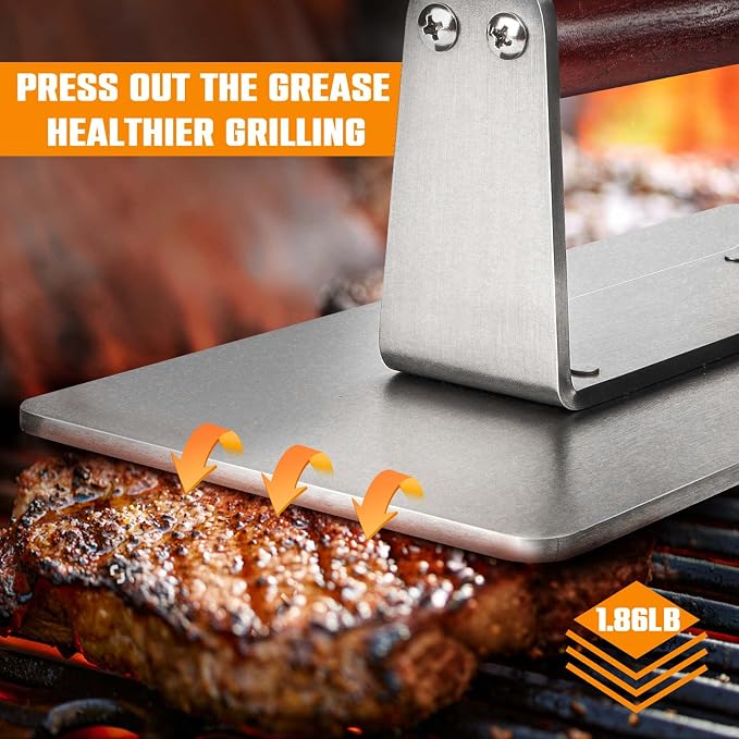 HULISEN Stainless Steel Bacon Press, 9 Inch Large Heavy Duty Burger Press with Wood Handle, Non-stick Grill Press for Griddle, Steak Weight Griddle BBQ Accessories for Panini, Sandwiches, Gift Package | Wood Handle, Long Rectangular Flat Edge, Reduce B...