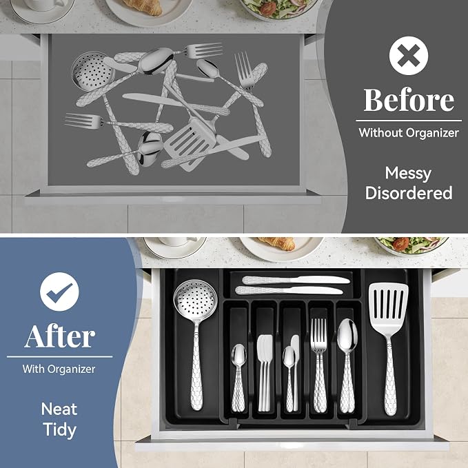 30 Pieces Silverware Set with Organizer, Silvery Stainless Steel Cutlery Set Flatware Set for 6 Person, Tableware Set Includes Knives Forks Spoons Teaspoons Butter Knives (Silvery-30PCS)