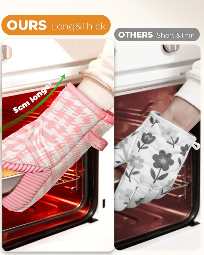 100% Thick Cotton Oven Mitts Ribbed Soft Silicone Pink Gingham | Aesthetic Oven Mitts for Women, Machine Washable Non-Slip Kitchen Mitts, Reversible for Both Hands, Stylish Kitchen Decor