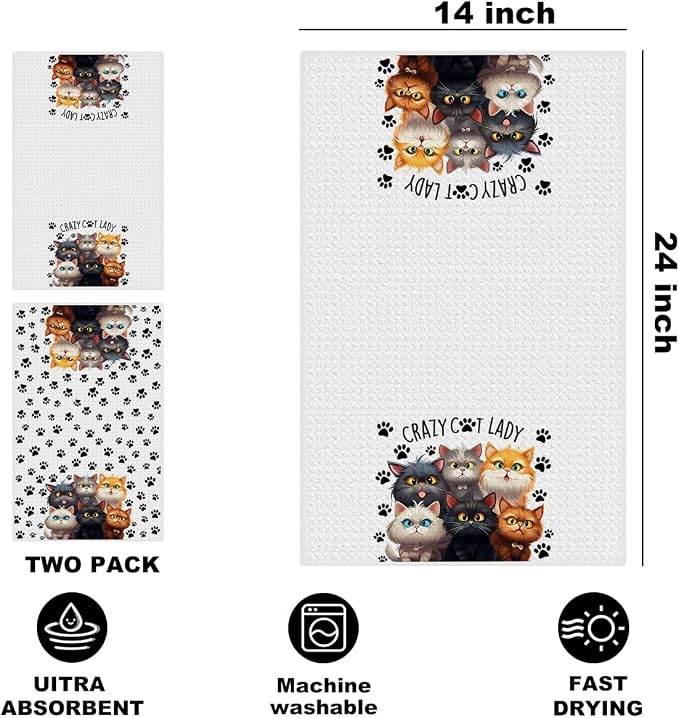 Jztco 2 Pcs Funny Cat Kitchen Towels, Cute Cat Gifts Reusable Hand Towels | Cat Dish Cloths for Drying Dishes, Cats Waffle Dish Towels for Kitchen Bathroom Decor, Cat Lover Gifts for Women Grandma Mom