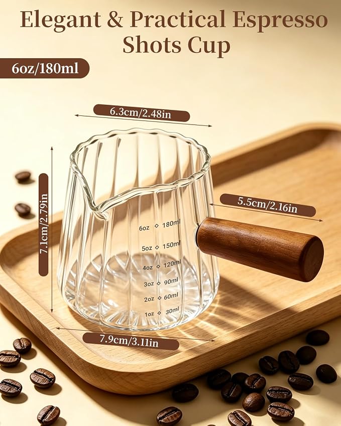 Espresso Measuring Cup 6 Oz, Espresso Glass Cups with Wood Handle, Milk Frothing Cup, Espresso Cup for Coffee, Milk, Tea or Maple Syrup Serving