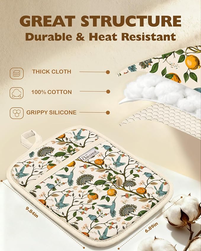 100% Cotton Pot Holders Textured Soft Silicone Lemon & Bird | Stylish Pot Holders 2pcs, Machine Washable Non-Slip Heat Resistant Hot Pads & Oven Mitts 2-in-1, Practical Kitchen Decor