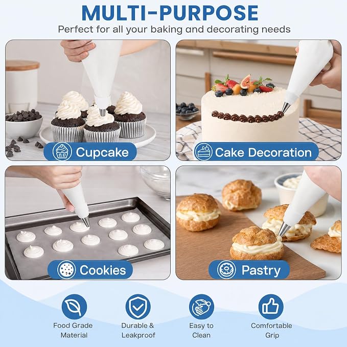 Reusable Piping Bags and Tips Set – 16" Pastry Bags for Cake Decorating, Cupcakes & Cookies with Frosting Tips – Leak-Proof Cotton Icing Bags, Eco-Friendly Baking Kit for Home Bakers & Beginners