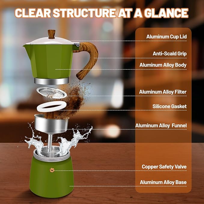 6 Cup Aluminum Espresso Stovetop Moka Pot Express Coffee Maker Percolator Italian Classic Mocha Coffee Machine for Italian and Cuban Cafe Brewing for Home & Camping 300ml 10oz