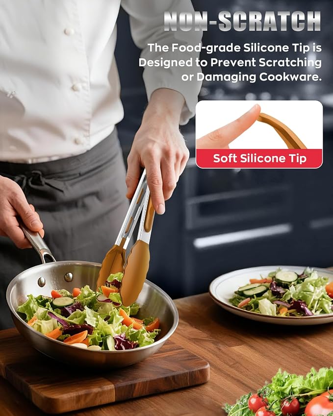 Good Grip Cooking Tongs with Silicone Tips, Set of 3-7" 9" and 12" | 600ºF Heat Resistant, 5-Layer Heavy Duty Stainless Steel, Pull Lock, Non Stick - Kitchen Tongs for Salad, Cooking and Frying