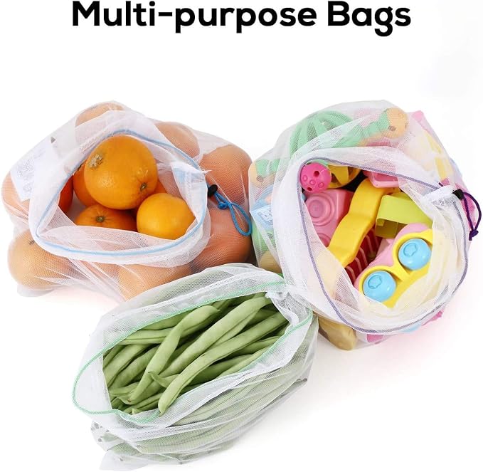 SPLF 18 Pcs Heavy Duty Reusable Mesh Produce Bags | Barcode Scanable See Through Food Safe Mesh Bags with Drawstring for Fruits, Vegetable, Food, Toys, Grocery Storage