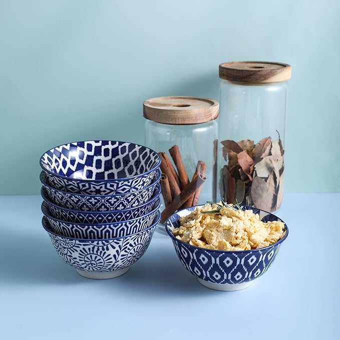Selamica Porcelain 11oz Ice Cream Bowls Set of 6, Small Bowls, Vintage Blue | Ceramic bowls for Dessert, Ice Cream