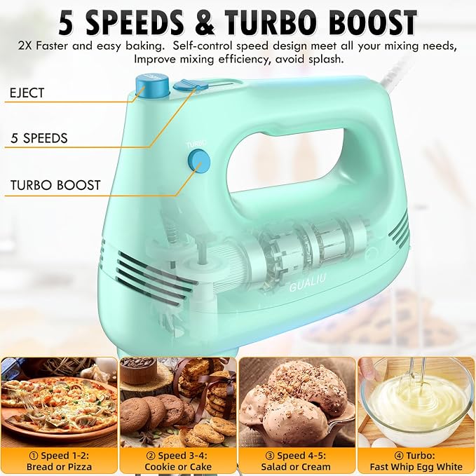 GUALIU Electric Hand Mixer, 304*(2* Beaters, 2* Dough Hooks), (1* Storage Bag) Handheld Mixer for Baking Cakes, Eggs, Cream Food Mixers, Turbo Boost /5 Speed Kitchen Blender GREEN