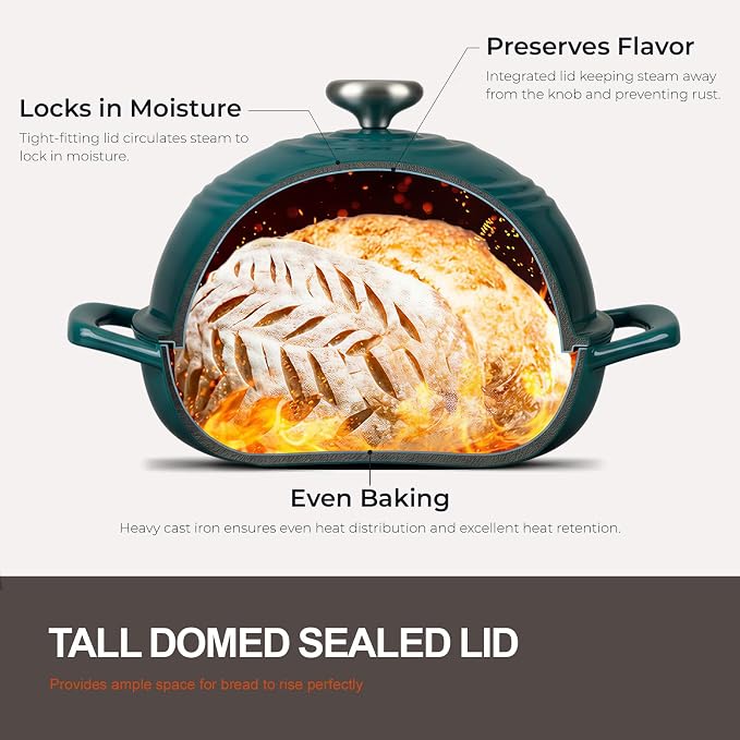 Overmont Enameled Cast Iron Dutch Oven, 6QT Bread Oven with Dome Lid Recipe | Tall Bread Pot with Potholders, for Sourdough Bread Baking Artisan Loaves, Crispy Crust & Better Oven Spring, 500°F Oven Safe