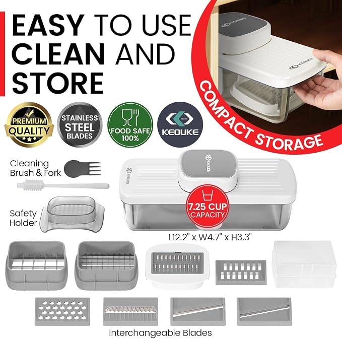 KEOUKE 8-in-1 Vertical Vegetable Chopper Mandoline Slicer with Container White - Safe Tap Out Dicer with Hand Guard for Kitchen Easy Food Prep, Onion Potato Veggie Fruit