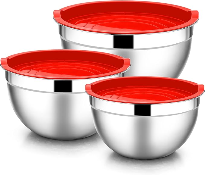 E-far Mixing Bowls with Lids Set, 6-Piece Stainless Steel Salad Bowls | Metal Nesting Cooking Bowls with Airtight Lid for Kitchen Storage, Baking & Prepping, Dishwasher Safe, 1.5/3/4.5 QT, Red