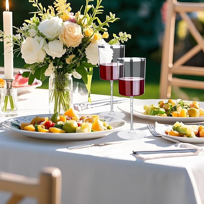 Ciaell 12 Pack Silver Plastic Wine Glasses for Weddings Outdoor Gatherings | 14 oz Silver Square Stemmed Cups, Heavy Duty Plastic, Wine Champagne Cocktails Mimosas for Parties Dinners