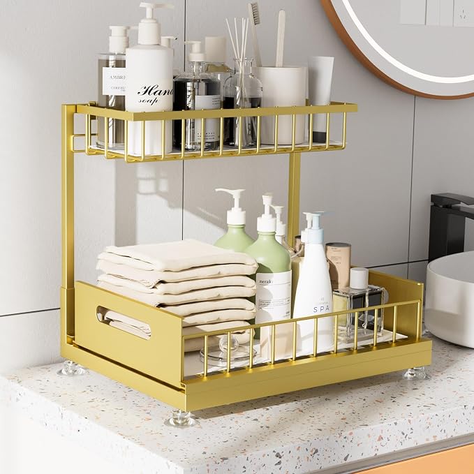L-Shaped Under Sink Organizer, 2-Tier Pull-out Cabinet Rack 1-Pack | Gold Height-Adjustable Steel Rack, Sliding Grid Drawers with PP Liners, Holds 100 Lbs, Suction Base, Ideal Kitchen Storage