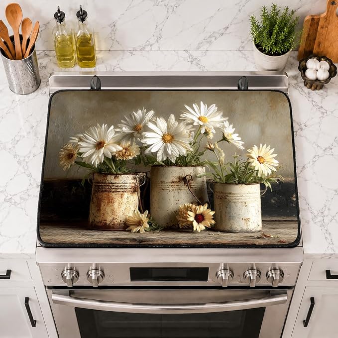 Electric Stove Top Cover for Glass Top, Daisy Birch Vase Floral – Heat Resistant Flat Stove Top Covers, Decorative Scratch Protector Mat for Glass Ceramic Cooktop, Non-Slip, 28"x20"