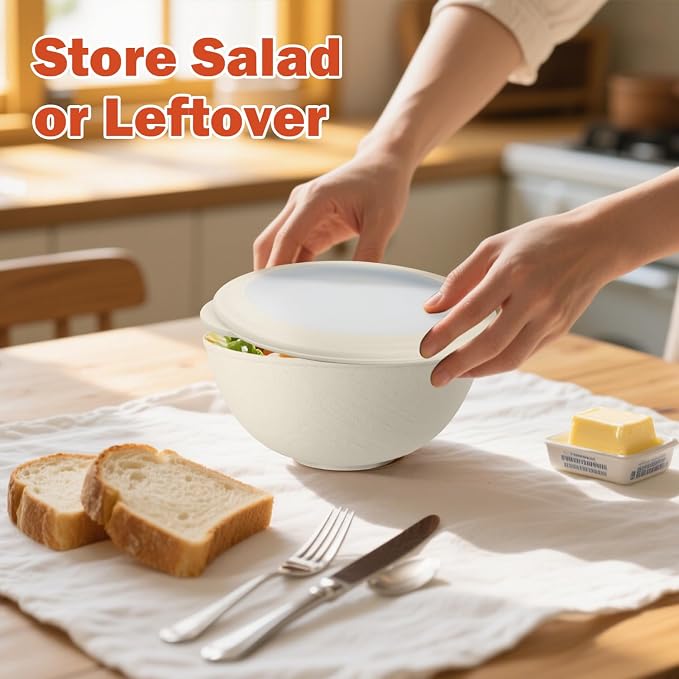 Wheat Straw Bowls with Lids Set of 4, Unbreakable Cereal Bowls 40oz, Microwavable Salad Container for Lunch Alternative to Plastic Bowl, Dishwasher Safe Bowl for Kitchen & Outdoor-Beige