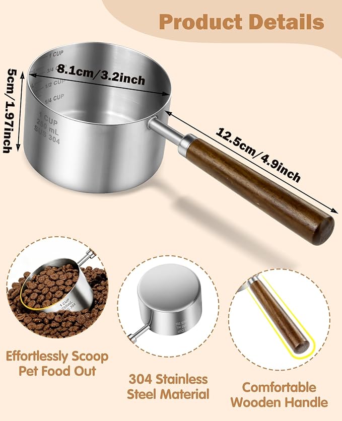 Stainless Steel Dog Food Scoop 1 Cup, Dog Food Measuring Cup With Measuring Lines (Cup/ML) & Long Wooden Handle, Metal Pet Food Scoop For Dogs, Cats and Kitchen Use, Dishwasher Safe