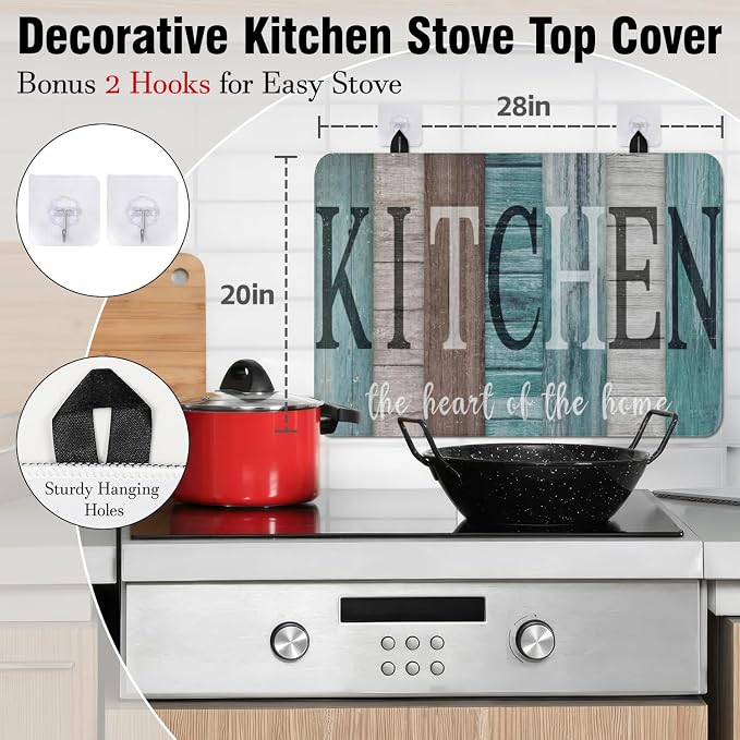 Farmhouse Stove Top Cover for Electric Stoves,Teal and Brown Wooden Farmhouse Turquoise Stove Top Cover for Kitchen Decor,Heat Resistant Cooktop Protector Mat,Non-Slip Washable Dish Drying Mat 28"x20"