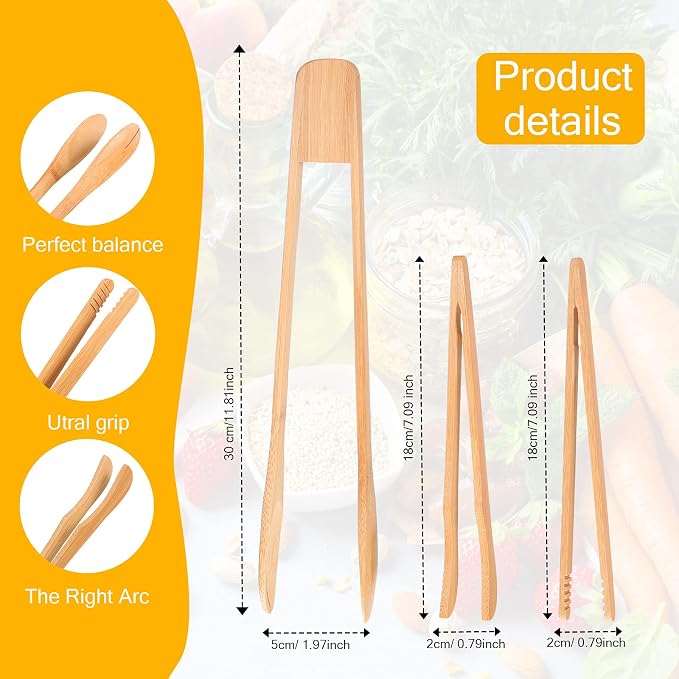 Zopeal 9 Pcs Bamboo Utensils for Cooking Wooden Toaster Tongs Long Cooking Salad Tongs for Picking up Cheese Bacon Toast Cake Fruits Bread Spaghetti for Kitchen Women Men