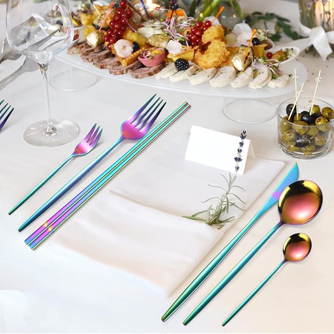 AARAINBOW 8 Pieces Stainless Steel Flatware Set Portable Reusable Cutlery Set Travel Utensils Set Including Chopsticks Knife Fork Spoon Straws Cleaning Brush Dishwasher Safe (Multicolored)