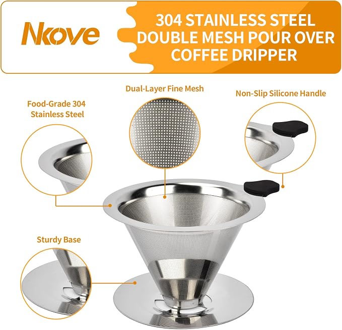 NKOVE Pour Over Coffee Dripper Stainless Steel Reusable Filter Coffee Maker | Reusable Metal Cone Filter, Fine Mesh Stainless Steel, Home Pour Over Brewing, Paperless Coffee Filter