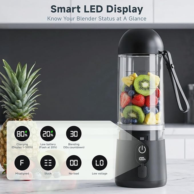 Portable Blender, USB C Rechargeable Small Smoothie Blender with Lid | Personal Blender for Shakes, protein, 8 Blades, Travel Friendly Mini Mixer for Home, Office, Gym, 17oz Black
