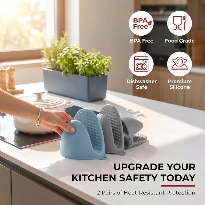 Silicone Kitchen Oven Mitts Set, Finger Protector Cooking Pinch Grips Pot Holder Toaster Hot Plate Gripper Oven Accessories,BBQ Baking Mittens Heat Resistant Gloves,2 Pairs（Nordic Blue Gray）