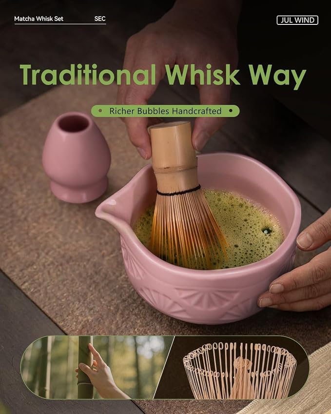 Matcha Whisk Set, Ceramic Matcha Set Includes Matcha Bowl and Matcha Whisk | Holder, Spout, Bamboo Scoop, Sifter and Tea Towel - 6 Pcs Matcha Kit Gift for Matcha Lovers Beginners