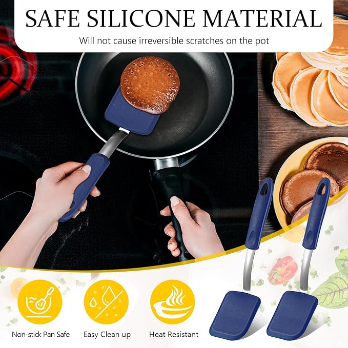 Silicone Cookie Spatula Turner 2 Pack Mini Brownie Spatula Flexible Kitchen Small Silicone Turner for Nonstick Cookware Heat Resistant No Scratch Flipper for Egg(Solid Flat,Blue)